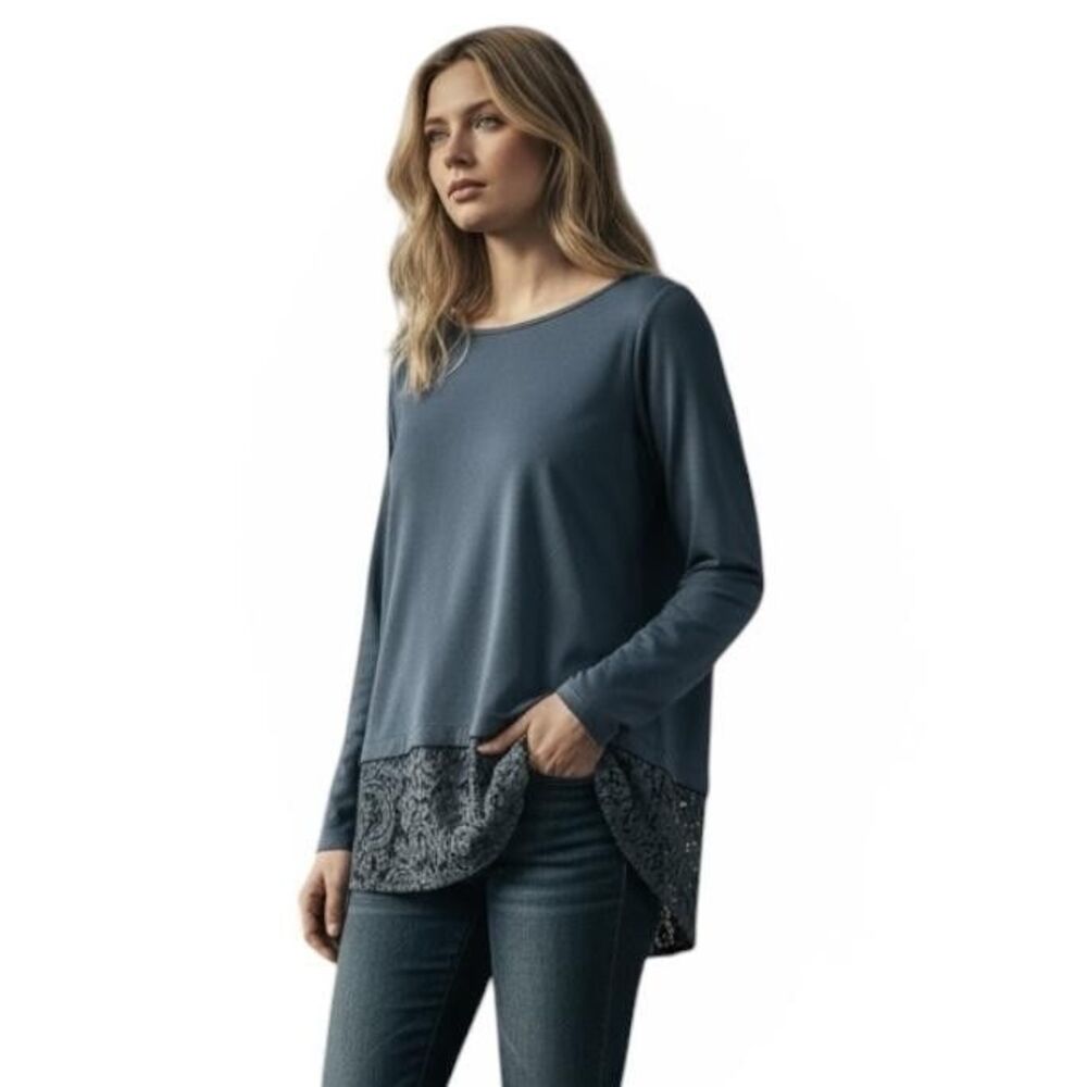 Ann Taylor Shirt Womens Medium Blue Lace Hem Boat Neck Tunic Long Sleeve Top